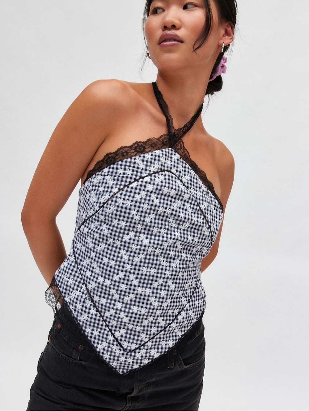 For Love and Lemons Lace-Trim Gingham Halter Top in Black and White